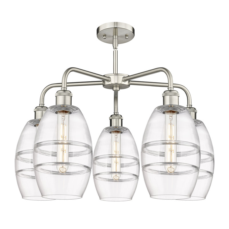 Lustre rond / ovale à abat-jour 5 lumières, Nickel satiné, H 13,63 po x l 23,88 po x P 23,88 po, Transparent