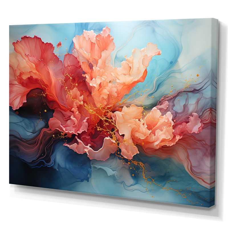 Tempête abstraite orange et bleue sur toile, Toile tendue, H 30 po x l 40 po