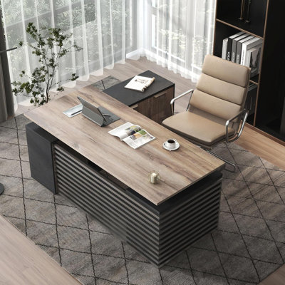 70.87IN 78.7IN 86.6INAdjustable Height L Shaped Executive Desk w/7Cabinet Storage, Custom Size & Color, Home Office Desk w/Universal Charging Ports,Large Business Furniture Desk Workstation w/Cord Management