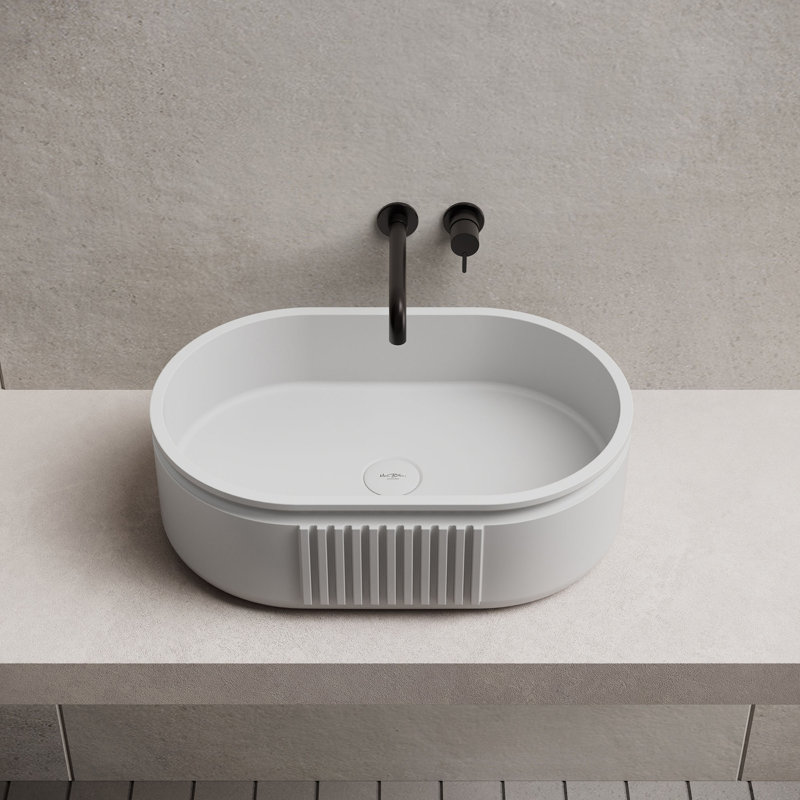 Lavabo vasque cannelé à surface solide ovale 22 po x 14 po Monblari, Blanc mat