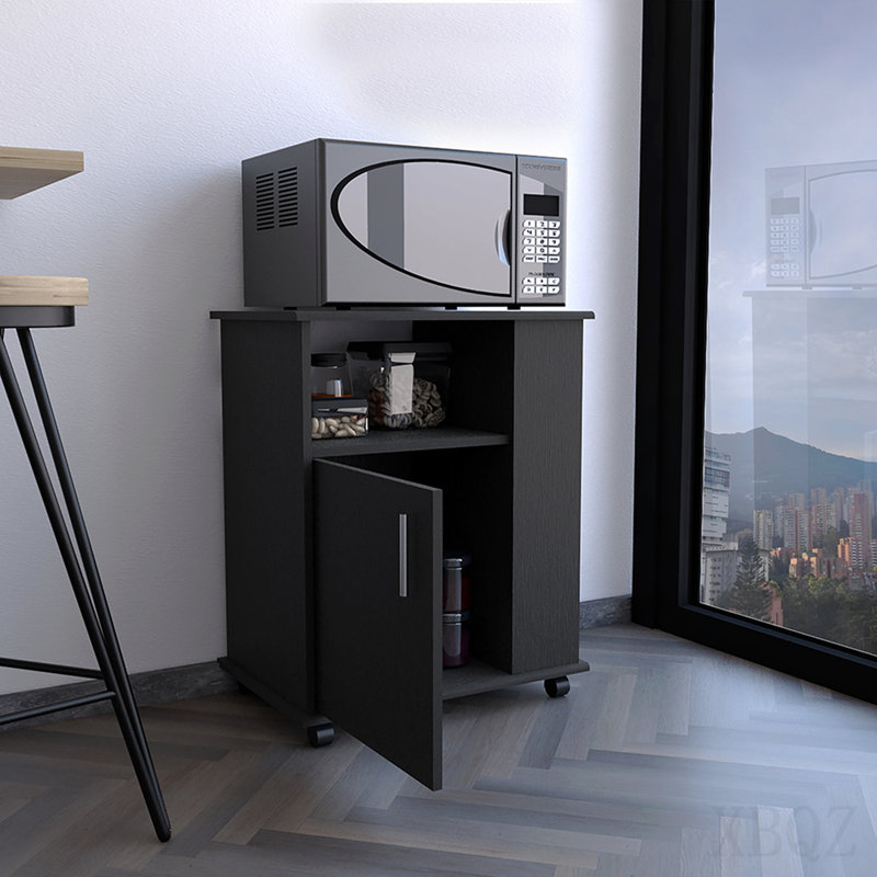 Microwave Cabinet, Single Door, Three Side Shelves - Black, Black
