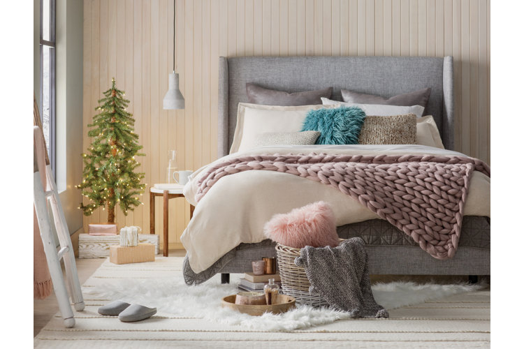 minimal, slim, small christmas tree in bedroom