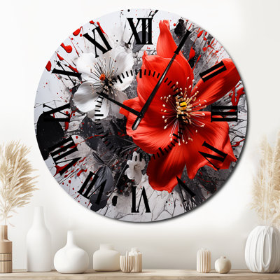 Red Grey Botanical Symphony I - Abstract Botanicals Black Face Wall Clock