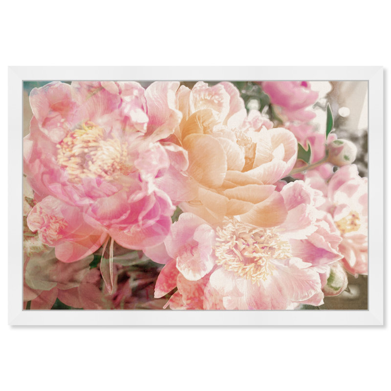 Fleurs roses, pivoines, impression sur papier, Cadre blanc, H 38 po x l 56 po