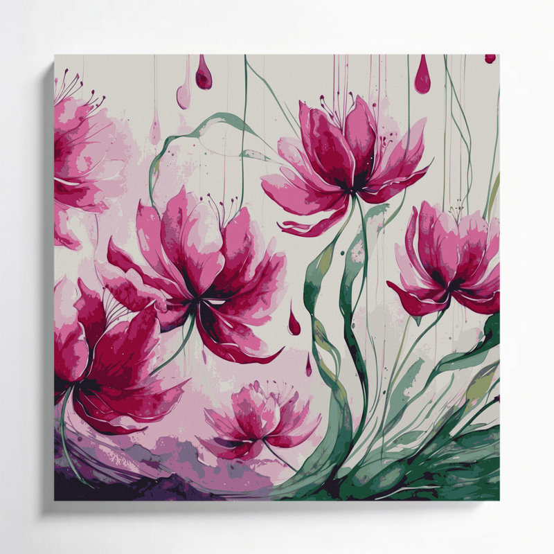 Art mural sur toile beige botanique fuchsia, H 12 po x l 12 po
