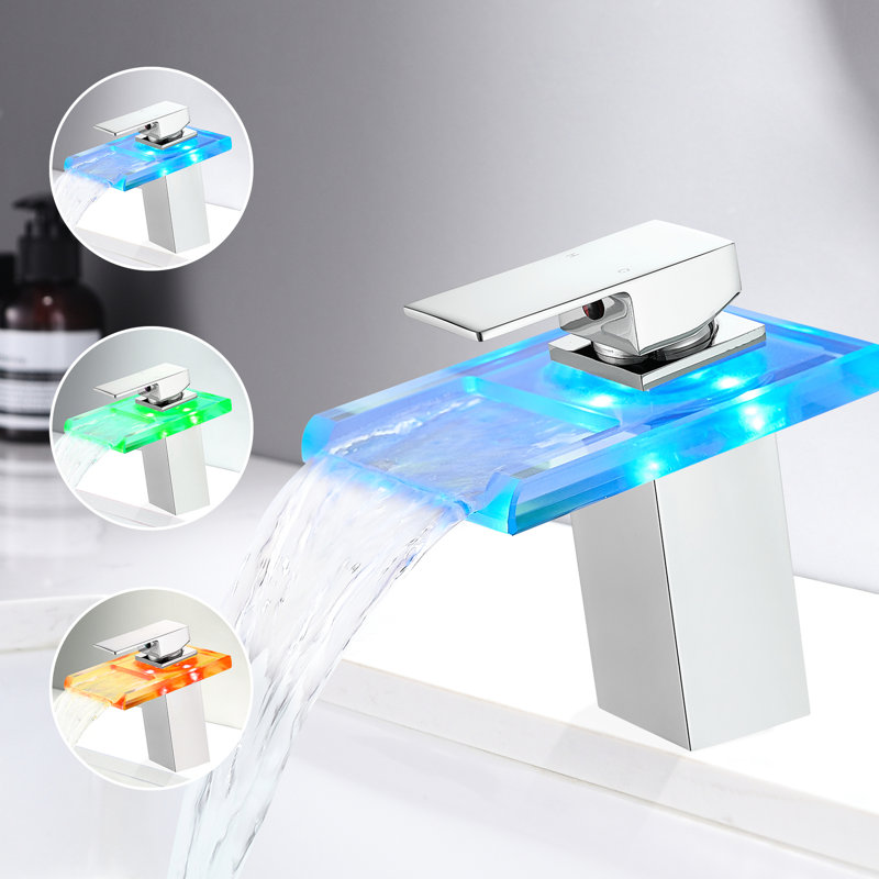 Robinet de lavabo de salle de bain à DEL: bec cascade, changement de 3 couleurs, fixation sur le comptoir, trou unique, robinet d'eau chaude et froide avec DEL: cascade à changement de couleur et mélange