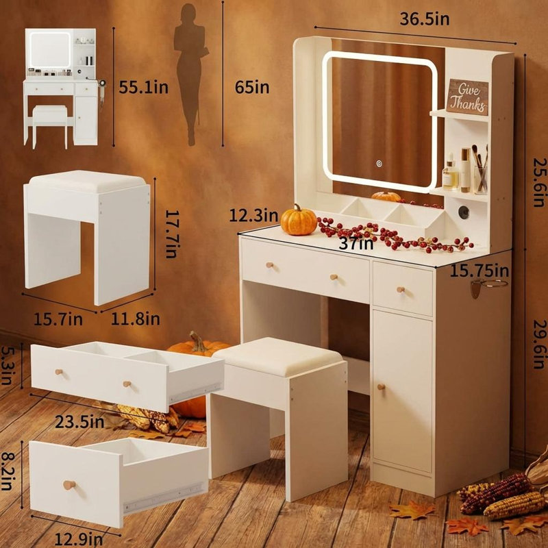 Vanity Desk, Vanity Mirror with Lights LED Touch Dimming 3 Color Modes, Makeup Vanity with Power Outlet 2 AC 2 USB, Vanity Table with 2 Drawers Cabinet Open Shelves Hair Dryer Holder Stool