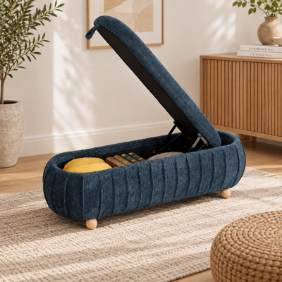 Banc d'appoint de rangement capitonné de 138,6 cm de large en chenille bleue avec couvercle rabattable et pieds en bois d'hévéa pour entrée, salon, chambre, dortoir