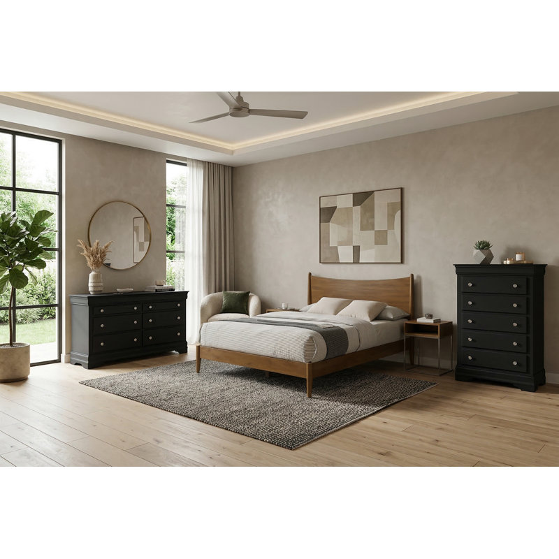 Ensemble de chambre en bois massif Barvelle, Noir/noyer, Ensemble de trois pièces : lit, commode, coffre