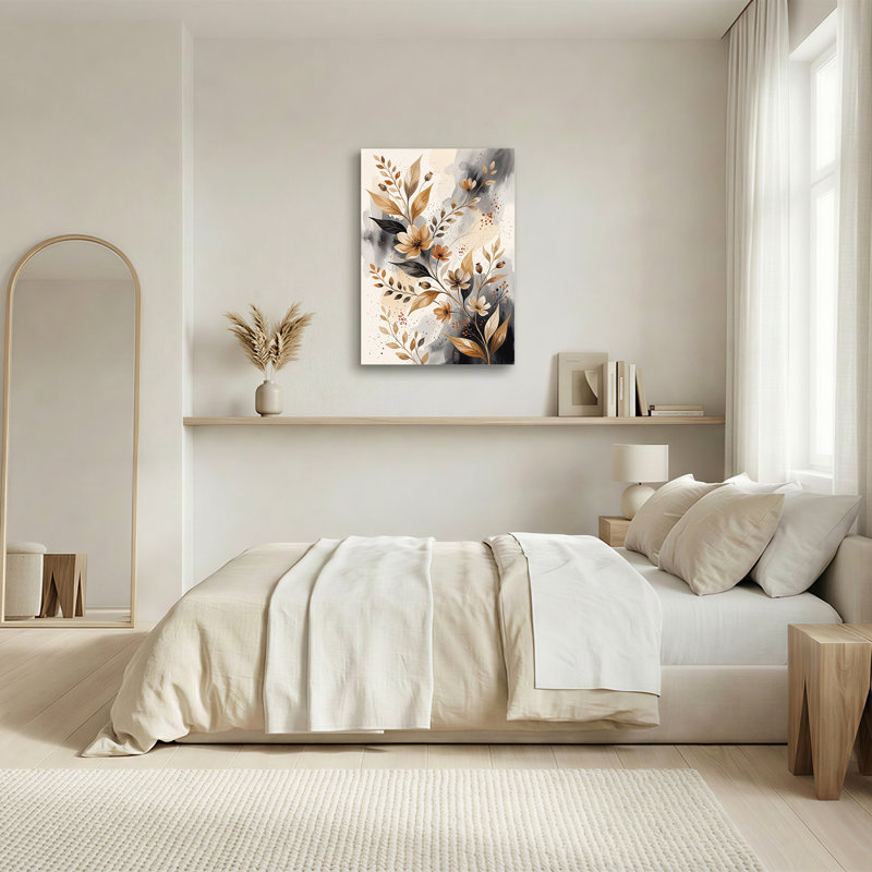 Tableau mural sur toile à motifs de branches florales beiges et noires avec dégradé de gris abstrait, H 36 po x l 24 po