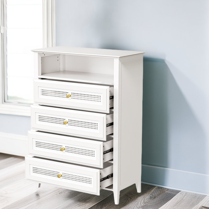 Commode 4 tiroirs avec panneaux en rotin Annay, Blanc