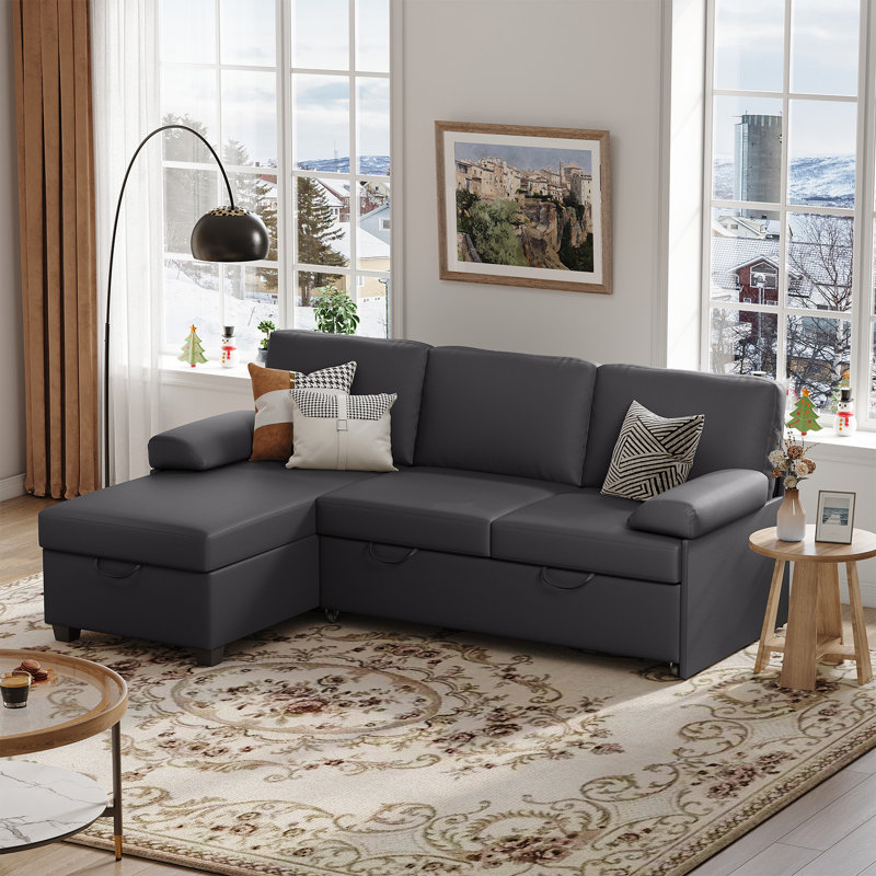 80" L-Shaped Sleeper Sectional Sofa with Pull-Out Bed and Storage Chaise, for Living Room Office, Gray Faux Leather