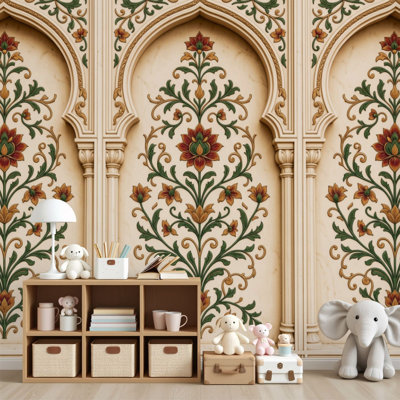 Peel and Stick papier peint orné de panneaux d'arche arabesques florales beiges d'inspiration islamique murales murales symétriques H 69 po x l 96 po amovible papier mural en PVC auto-adhésif pour le salon de la chambre bureau à domicile