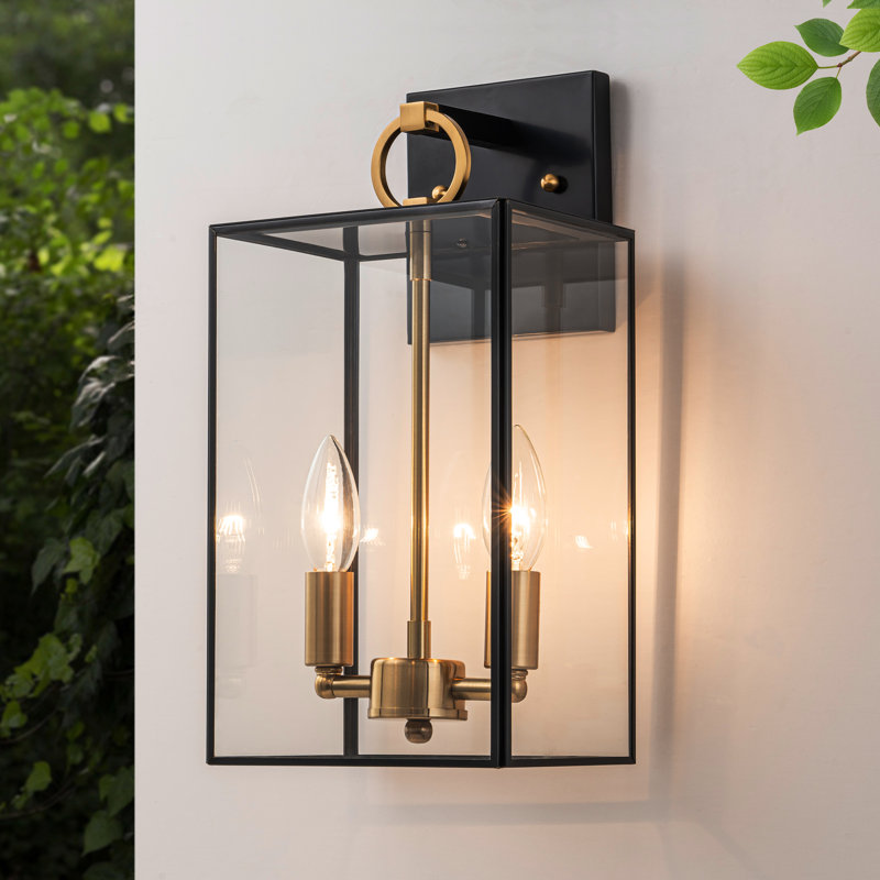 2-light Black+brass Outdoor Wall Lantern With E12 Base Socket And Clear Tempered Glass Shade, 14.25" H x 7.2" W x 6.5" D