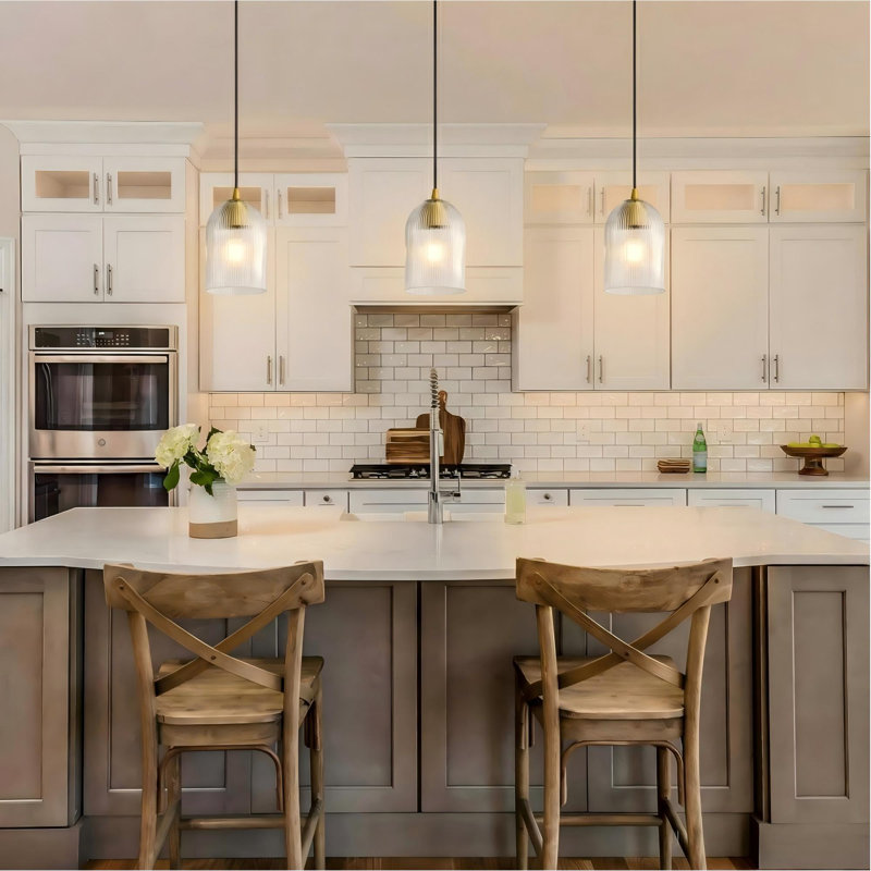  Dansby 1 - Light Modern 5.1" Ribbed Glass Pendant Light for Dining Room, Gold, Clear