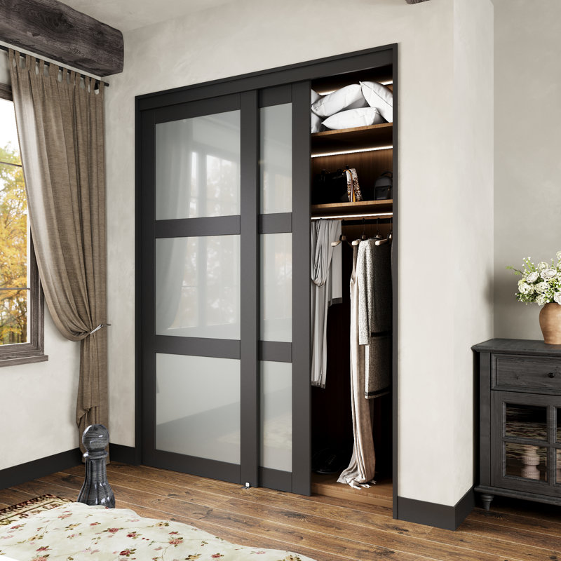Portes coulissantes noires pour garde-manger et garde-robe à 3 verres noirs de 80 po avec ensemble de quincaillerie (aucun assemblage requis)
