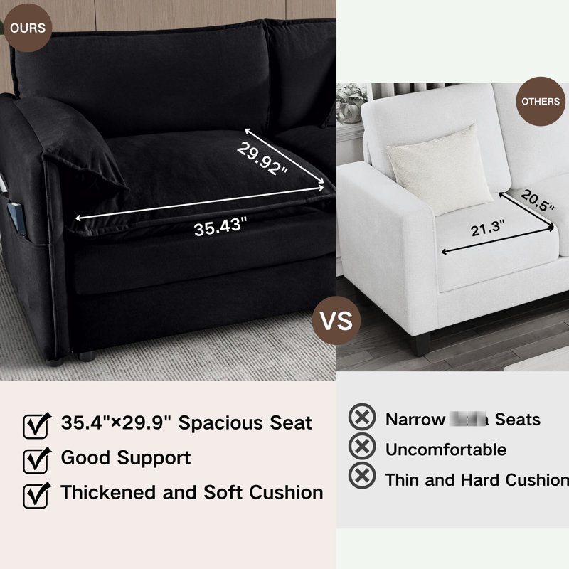 Canapé 2 pièces en tissu de chenille de luxe noir avec coussins, siège supplémentaire pour le plaisir, espace de bureau à assembler pour le bricolage, maison