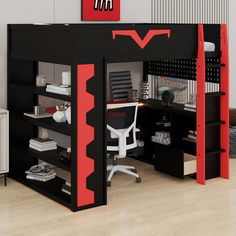 Gaming Loft Bed With Built-In Desk, RGB Lighting, Power Outlet And Storage Drawer, Red