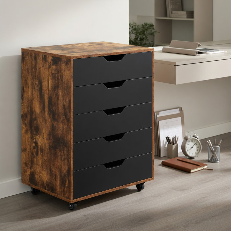  Classeur latéral mobile à 5 tiroirs avec roulettes verrouillables, armoire de rangement compacte pour la maison, le bureau et le salon, brun rustique