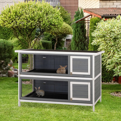 Habitat pour animaux de compagnie en bois 54 po à 2 niveaux avec toit imperméable et portes verrouillables, adapté pour l'extérieur / l'intérieur, cage gris foncé, plateau sans fuite de 2 étages