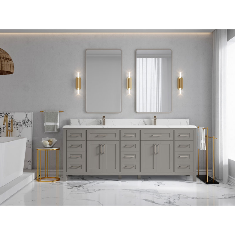 84 po Cambridge X P 22 po Meuble-lavabo double en D gris peau d'éléphant avec bordure en quartz blanc, Calacatta Laza