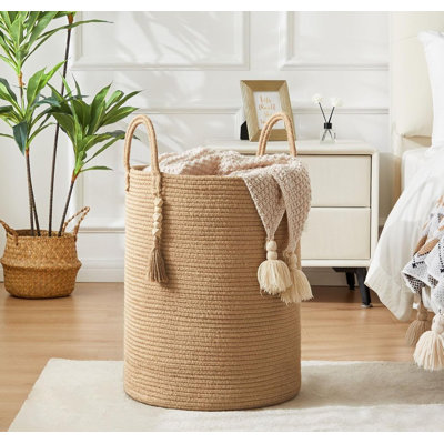 Large Woven Cotton Rope Laundry Hamper & Storage Basket - Boho Design