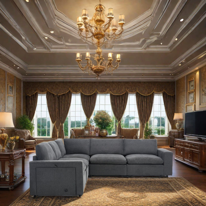 Modular Sofa With Wireless Charging, Cup Holders & Book Storage, L-Shaped Convertible Sofa Bed, Soft Linen Fabric, Sturdy Hardwood Frame, 6-Piece Set, 141.5" X 74" For Living Room