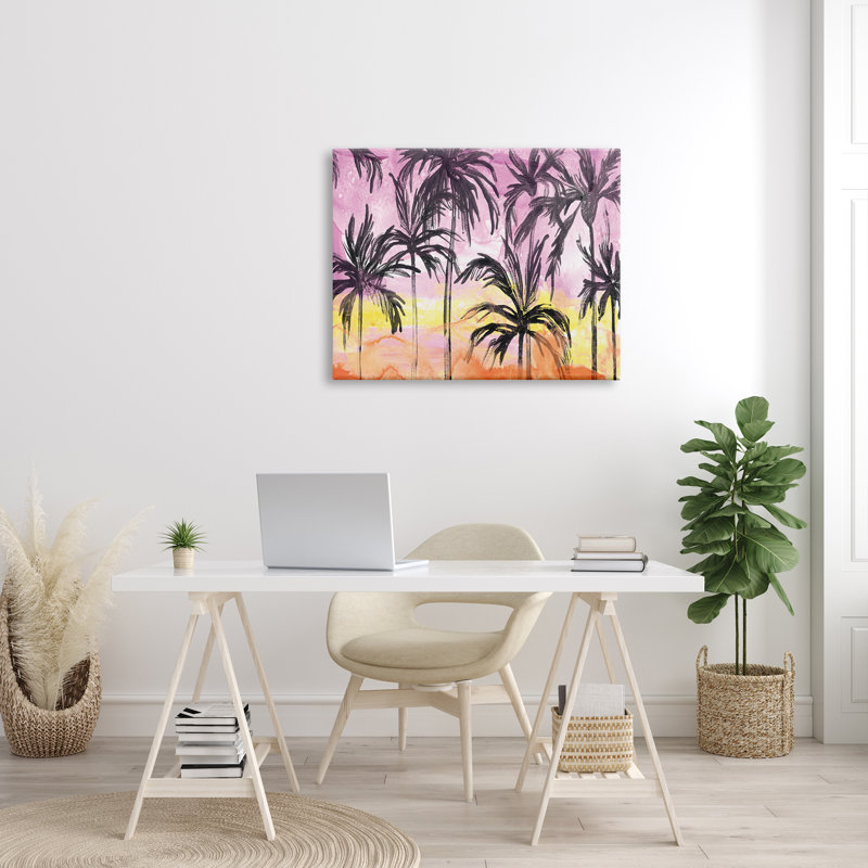 Silhouettes tropicales de palmiers tropicaux au coucher du soleil - Peinture, Toile tendue, H 30 po x l 40 po x P 1,5 po
