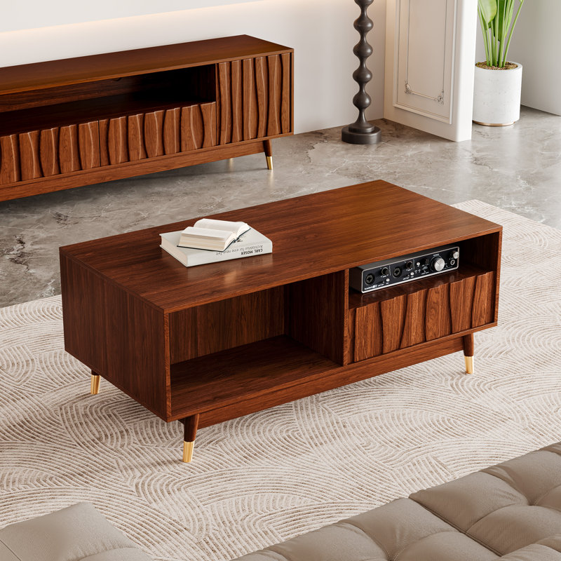 47" Mid Century Modern Brown Coffee Table With Solid Legs, Wooden Walnut Finish Center Table With 2 Drawers And Open Storage For Living Room Apartment