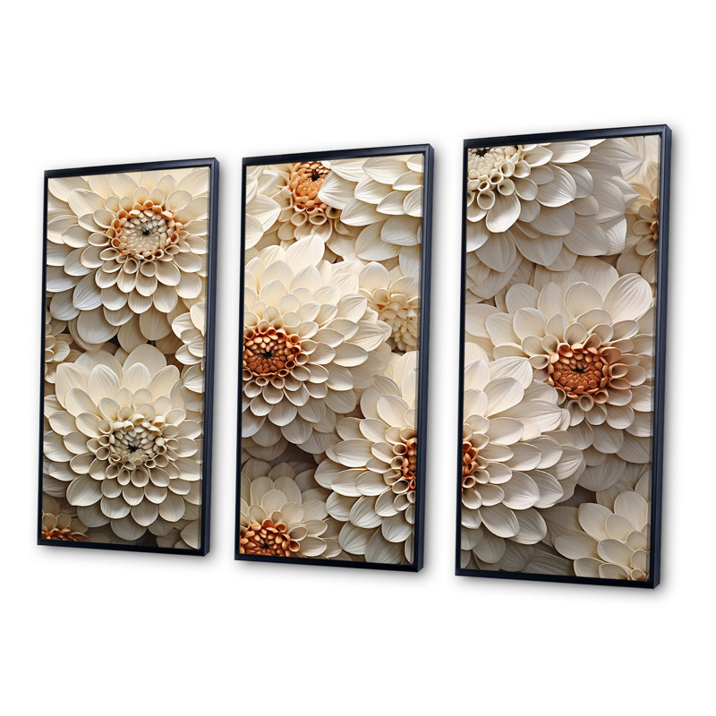 Minimalisme beige Zinnias Collage I - ensemble d'art sur toile Zinnias, Cadre flottant noir, H 32 po x l 48 po x P 1 po