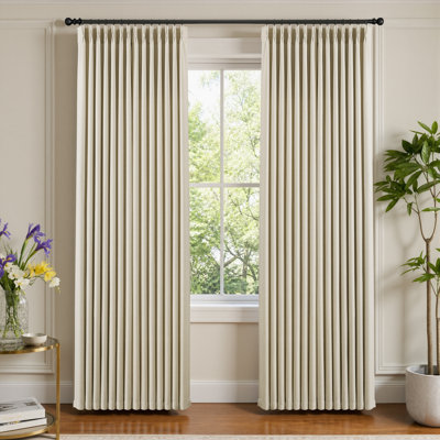 Pleated Linen Cream Curtains 96 Inches Long 2 Panels, Memory Trained Light Filtering Curtain 40 Inch Wide Privacy Window Drapes for Living Room with Hook & Rings