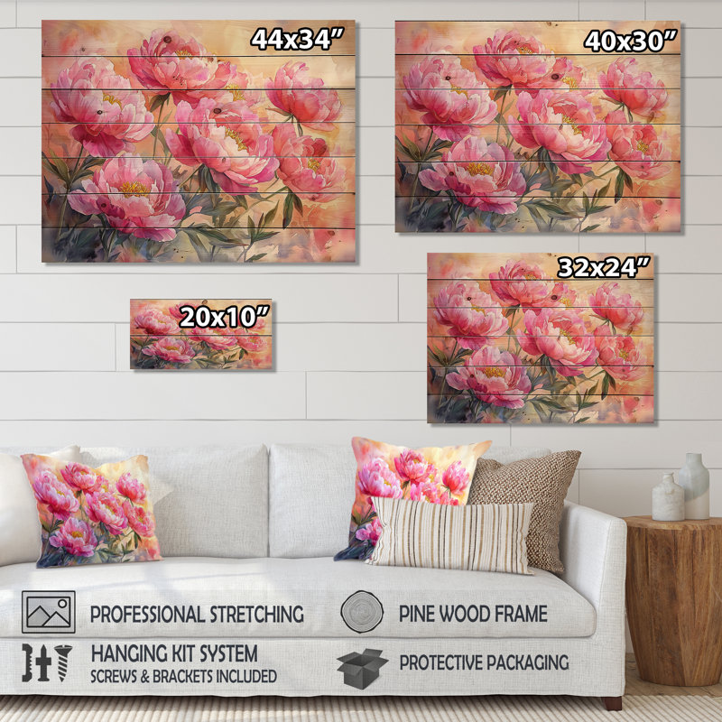 Pivoines au soleil levant II - impression de pivoines sur bois de pin naturel, H 10 po x l 20 po x P 0,78 po