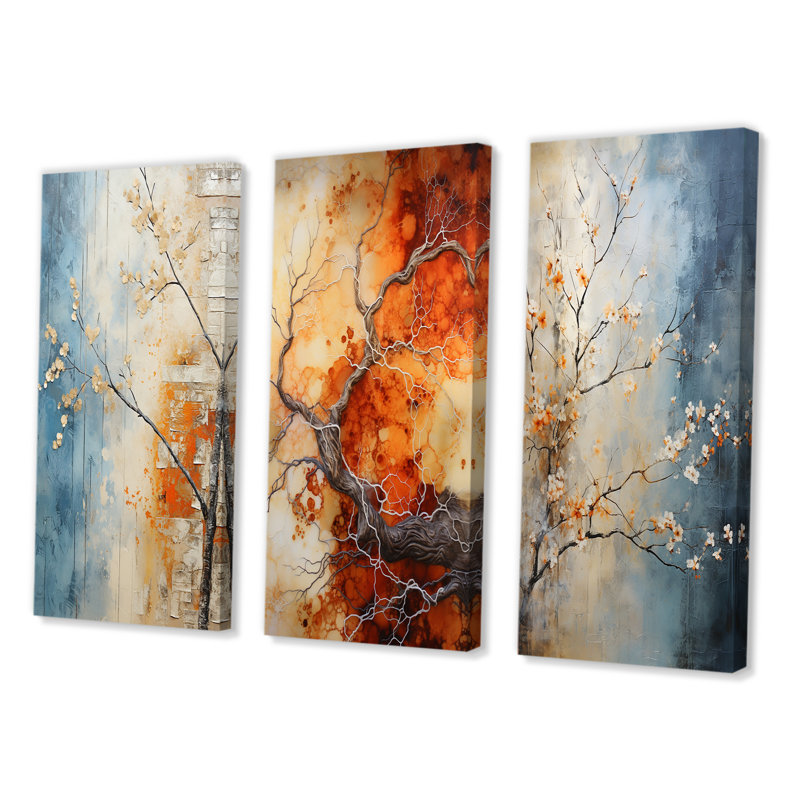 «Orange Teal Maple Tree Glowing Embers», 3 pièces sur toile, Toile tendue, H 20 po x l 36 po