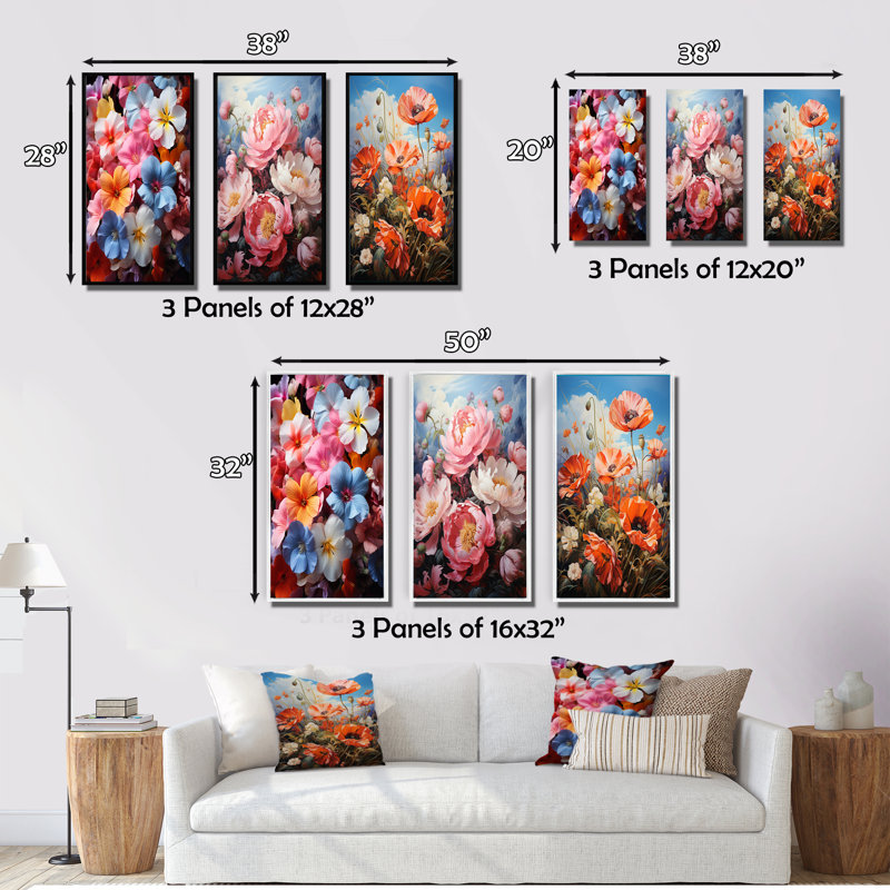 «Meadow Prairie Primrose», 3 pièces sur toile, Encadrement doré, H 32 po x l 48 po