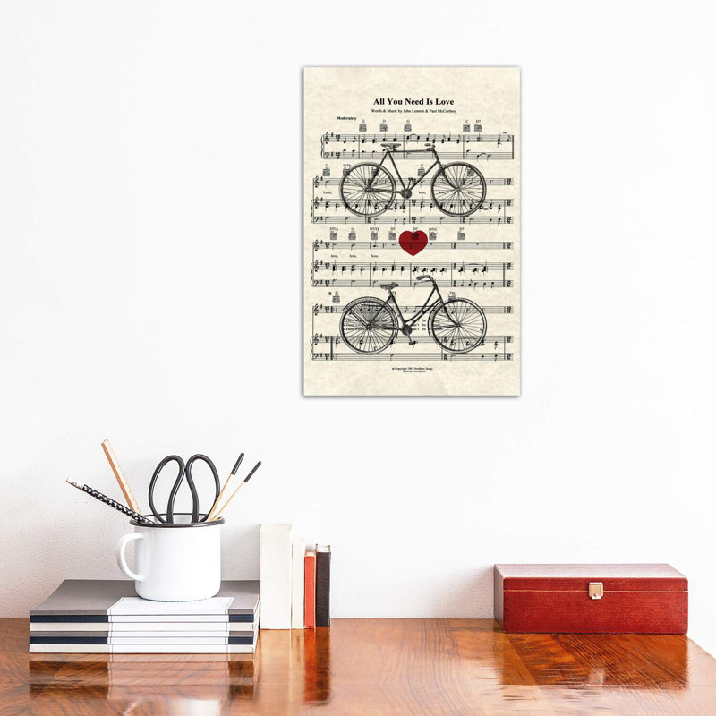 All You Need Is Love - His And Her Bicycles by WordsAndMusicArt - Wrapped Canvas Print, 30.48 cm H x 45.72 cm W