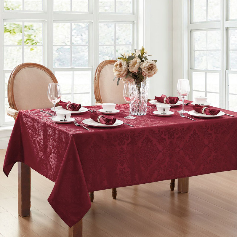 Corson Woven Damask Jacquard Polyester Tablecloth, Cranberry, 120" L x 60" W Rectangle