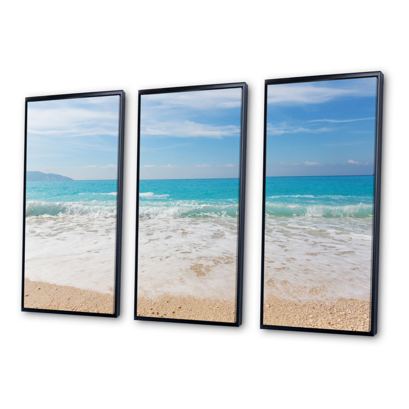 «White Waves Kissing Beach Sand - Sea & Shore», ensemble de 3 toiles murales encadrées, H 28 po x l 36 po, Noir