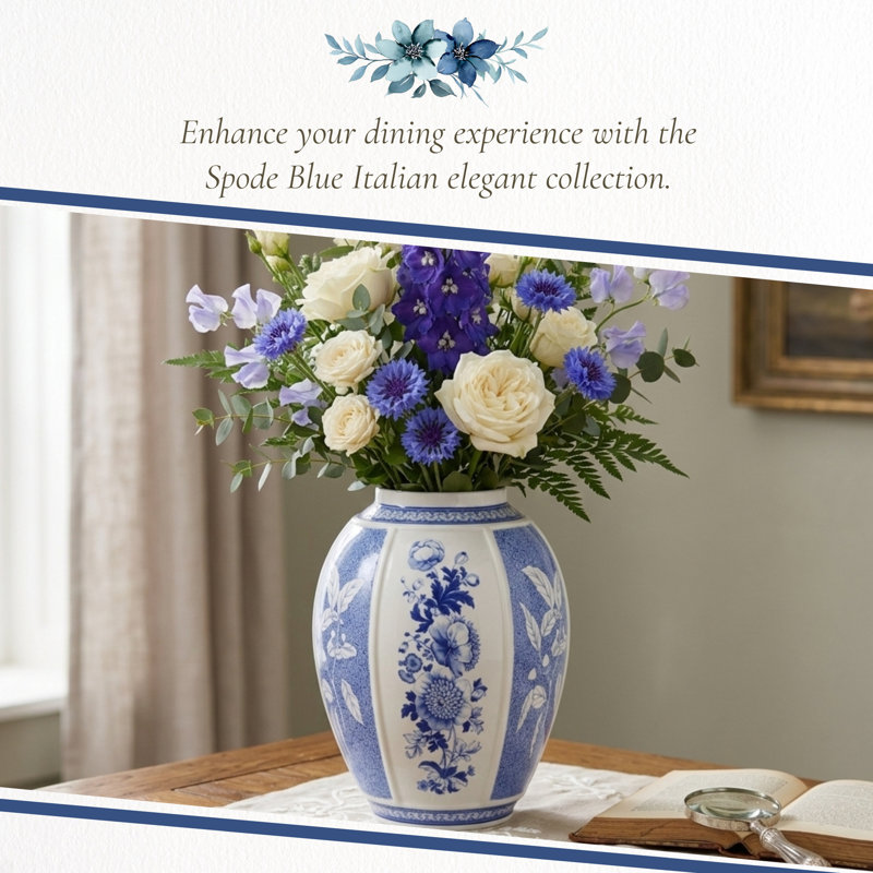 Spode Blue Italian 10" Vase - BlueWhite, British Flowers