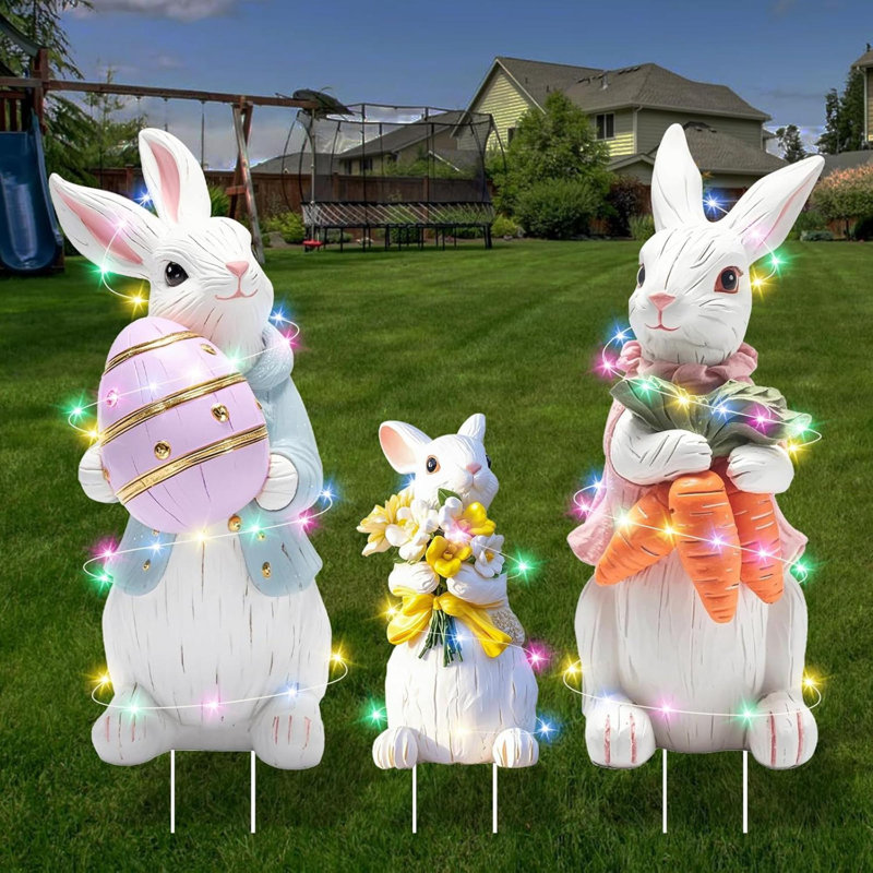 Très grandes décorations de Pâques pour l'extérieur, ensemble de panneaux de lapin de Pâques 3 pièces avec piquets