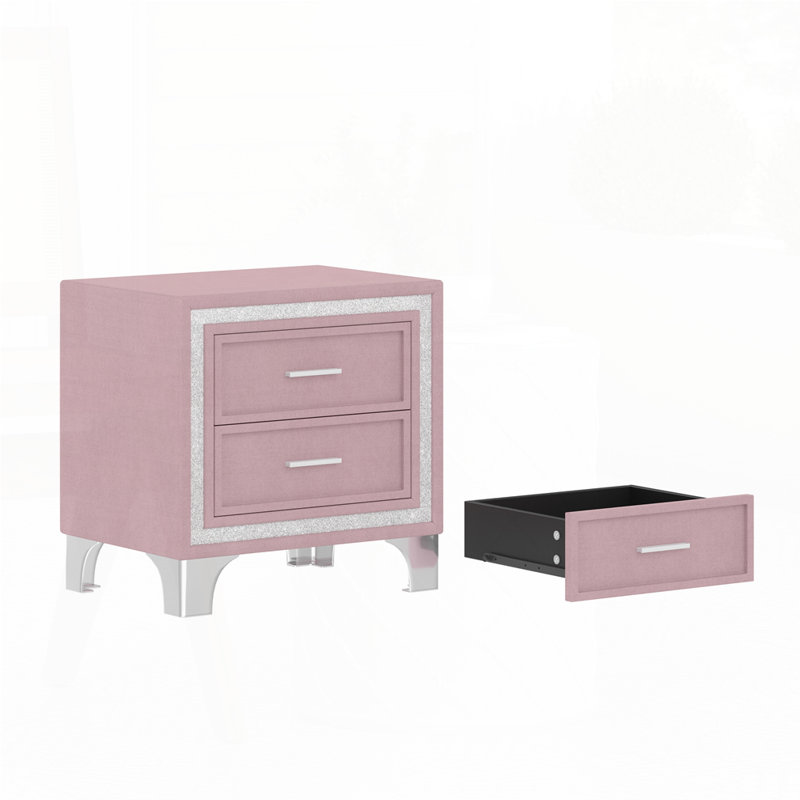 Table de chevet Trey avec bande pailletée argentée et tiroirs, Rose