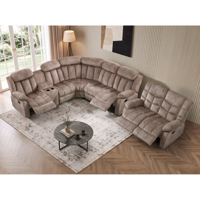 Canapé modulaire d'angle 7 places avec console fonctionnelle et causeuse inclinable manuelle