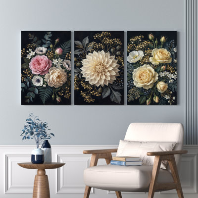 Bouquet floral, reproduction d'art sur toile tendue sur toile, ensemble de 3, pour salon, chambre à coucher, décoration intérieure