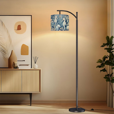 Lampe sur pied à arc avec abat-jour réglable Toile de jouy Lampe sur pied colorée océan 3 températures de couleur Lampe à mât haut avec interrupteur au pied pour la chambre à coucher