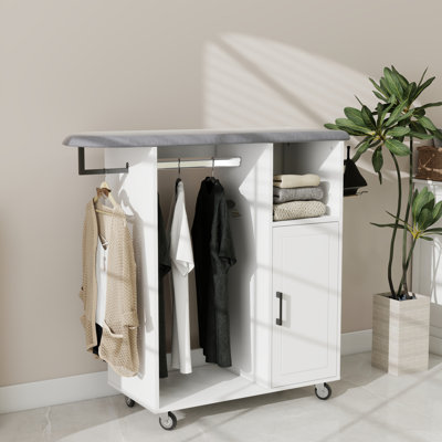 Compact White E1 Ironing Cart With Board, Ideal For Laundry And Cloakroom, Space - Saving Functional Design Cabinet Rolling Suitable Room, Kitchen, Adjustable Shelf Heat Resistance