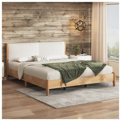 Structure de lit très grand en bois naturel avec tête de lit tapissier blanche, aucun sommier requis