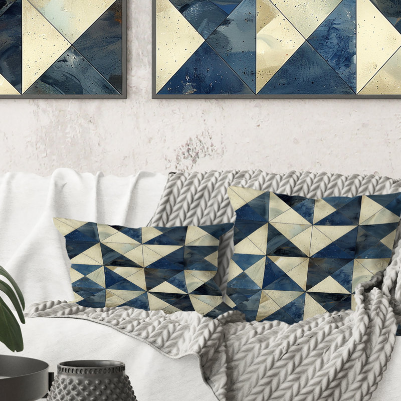 Coussin Blue Triangle Print II - Mid-Century, H 16 po x l 16 po