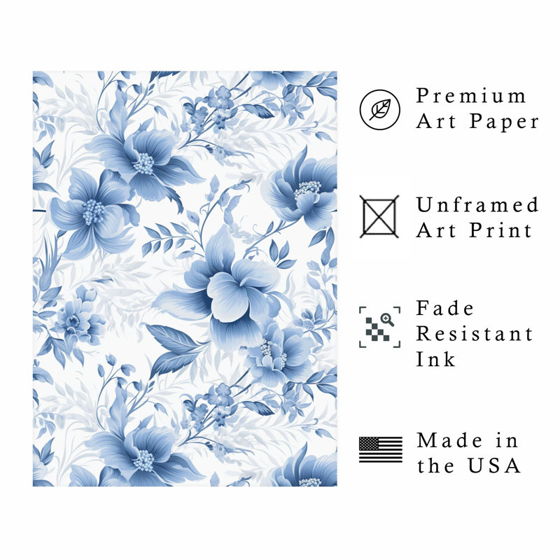 «Botanical Blue Flowers IV», reproduction d'art classique sans cadre, H 16 po x l 12 po
