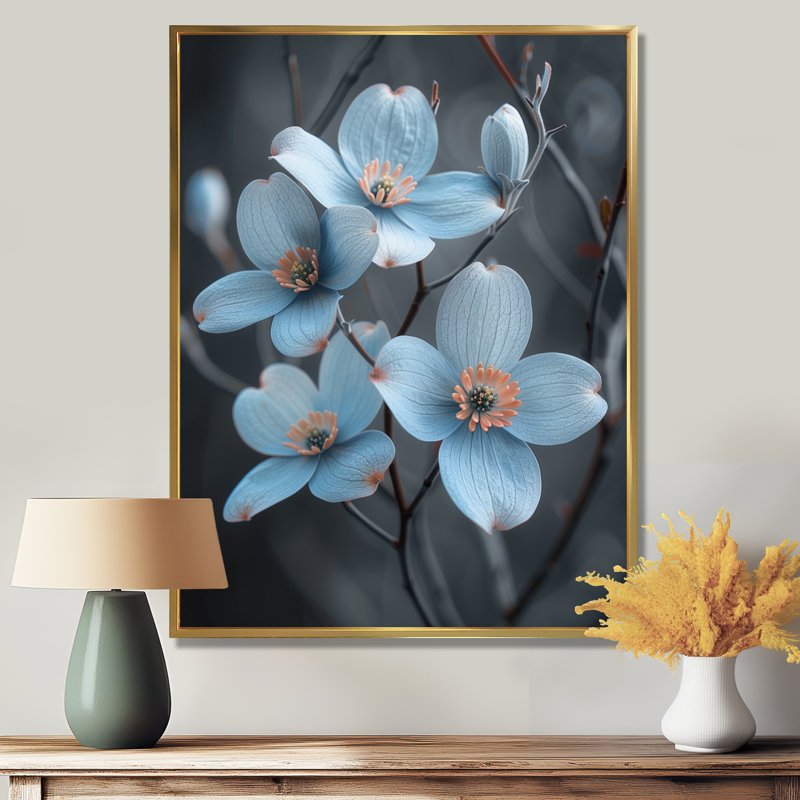 Fleur de cornouiller monochrome, paix et hivers bleus I - cornouiller, art mural, salon, Cadre flottant noir