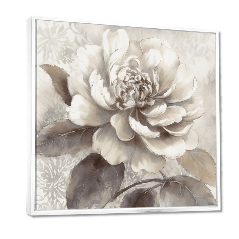 Pivoines grises sur branche II - art mural encadré de pivoines florales pour le salon, H 36 po x l 36 po x P 1,5 po