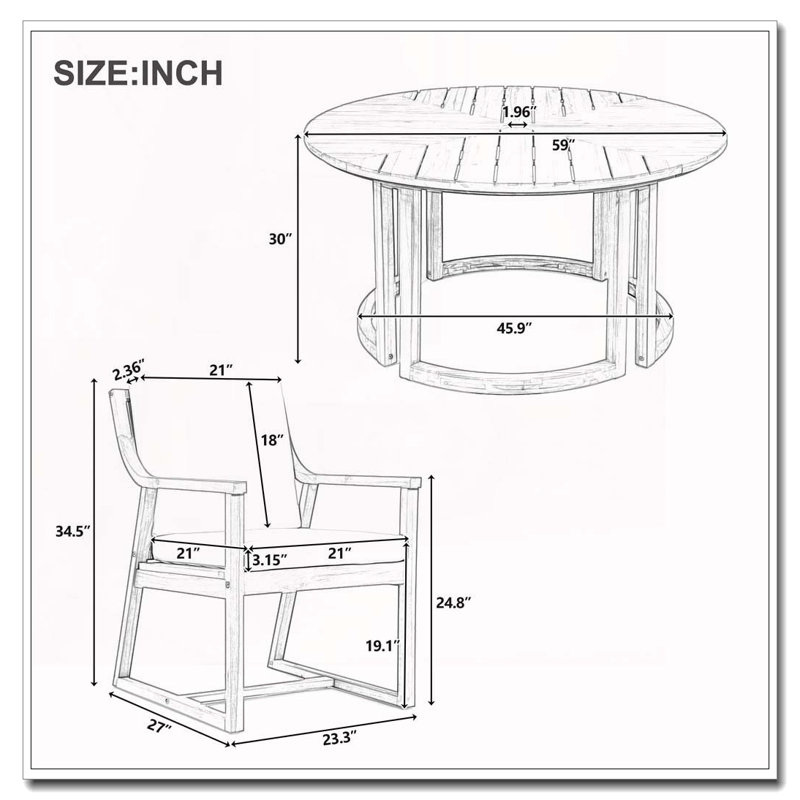 Ensemble repas 7 pièces pour 6 personnes avec trou pour parasol (teck clair)